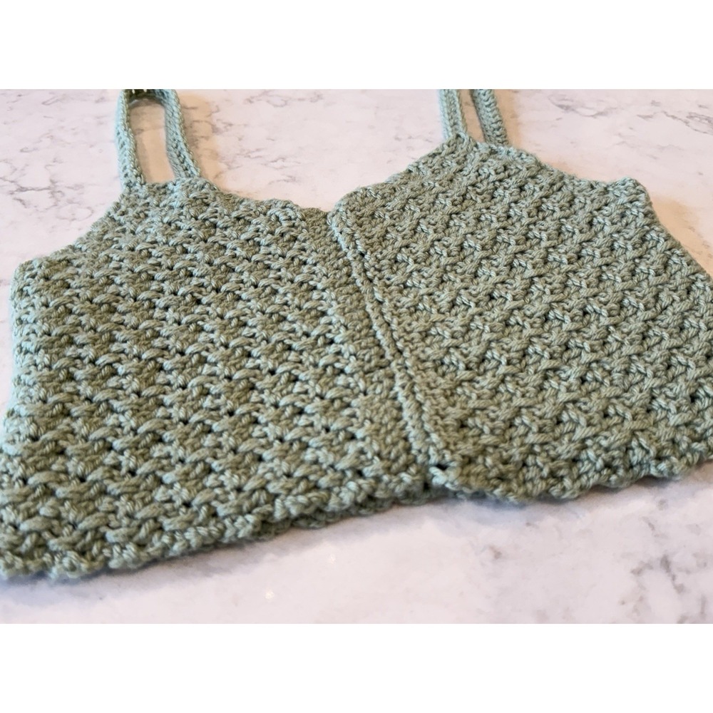 Handmade Crochet Crop Tank Top Sage Green Acrylic Women's Size Small
